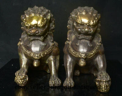 Antigua estatua china de 8" de bronce púrpura Fengshui Foo Fu perro guardián león pareja   Foto 1 de 4