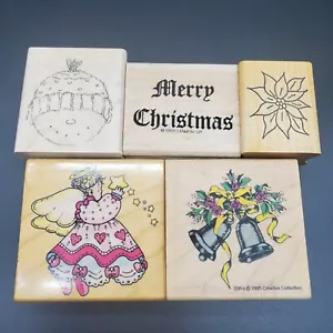 Weihnachten Stempel Lot Holz montiert (5) Engel Glocke Schneemann Weihnachtsstern Schrift - Bild 1 von 8