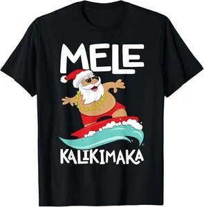 Mele Kalikimaka Hawaiian Christmas Hawaii Surfing Santa Short Sleeve T-Shirt - Picture 1 of 11