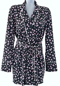 NEW EXPRESS ONE ELEVEN BLACK PINK SATIN ROSE BUD FLORAL BELTED KIMONO ROBE M/L - Picture 1 of 7