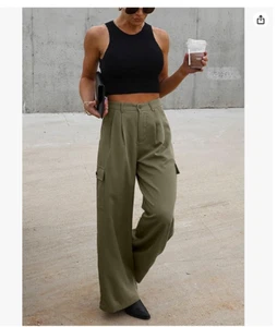 Dokotoo Women's High Waisted Pants Size 10 Wide Leg Cargo Baggy 4 Pocket Green - Picture 1 of 7