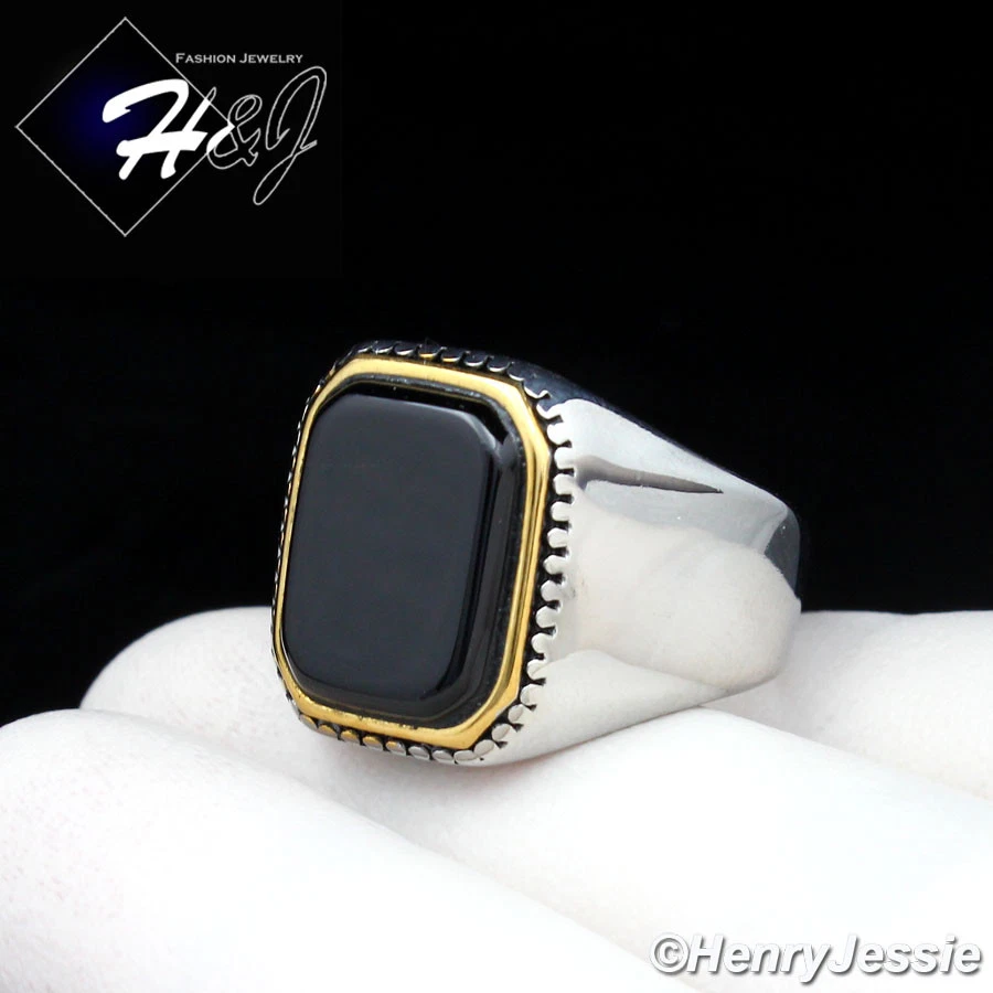 MEN's Stainless Steel Gold/Silver/Black Plated Rectangle Black Onyx Ring*GSR116 Foto 1 de 1