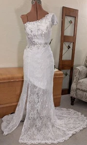 COCOMELODY beaded white lace wedding dress chapel train one shoulder XS sz 2 NWT - Picture 1 of 11