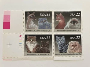 1988 Cats Block of 4 22c USA Postage Stamps, Sc# 2372, Original Gum - Picture 1 of 1