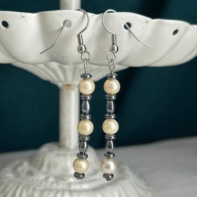 Handmade Hematite and Pearl Dangle Earrings - Image 1 of 4