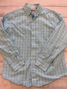 IZOD Shirt Mens Large Blue Windowpane Plaid Button Down Cotton Chest Pocket - Picture 1 of 6