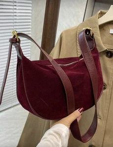 Burgunderrot Wildleder Halbmond Hobo Bag Slouchy Gold Schultertasche Herbst Winter Trend - Bild 1 von 7