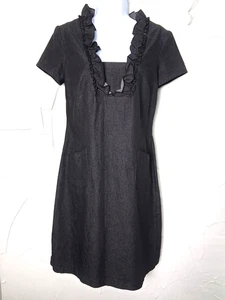 Black Denim Ruffle Midi Fit & Flare Dress Size 6 Office Siren Corp Core - Picture 1 of 12