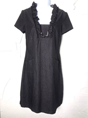 Black Denim Ruffle Midi Fit & Flare Dress Size 6 Office Siren Corp Core - Image 1 of 4
