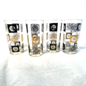 Set of 4 VTG Libbey Black Gold Tumblers High Ball Glasses MCM retro deco mid - Photo 1/10