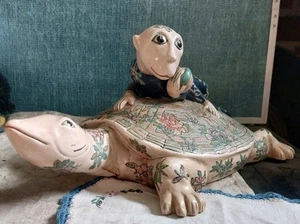 Chinese Polychrome Ceramic Turtle ~ Baby Monkey Riding on Turtle's Back Vitg - Picture 1 of 19