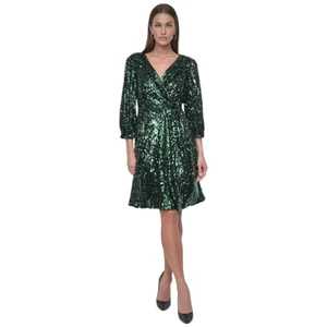 DKNY Sequin Faux-Wrap Fit & Flare Dress Stretch Emerald Green Event Party Sz 16 - Picture 1 of 13