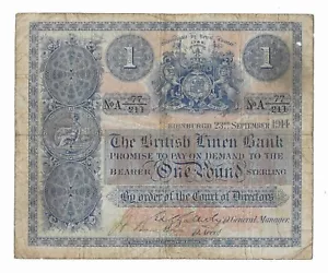 SCOTLAND BRITISH LINEN BANK Square £1 Banknote Sept 1914 Prefix A SC202a RARE - Picture 1 of 2