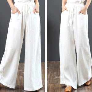Women Ladies Trousers Wide Leg Bottoms Cotton Linen Long Pants Elasticated Waist - Picture 1 of 27