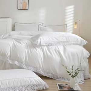 White Lace Duvet Cover Queen Size, 100% Cotton 3 Pieces Eyelet Duvet Cover Set f - Picture 1 of 6