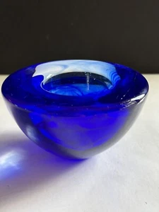 KOSTA BODA Art Glass Atoll Cobalt Blue Swirl Votive Candle Holder Bowl Vintage - Picture 1 of 15