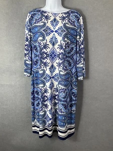 Chico's Dress Womens Sz 2 (12 US) Classic Boho Paisley Blue White Resort Summer - Picture 1 of 11