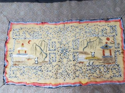 Ancienne broderie Chinoise ou Japonaise soie soierie tissu tableau Chine Japon ? - Photo 1/4