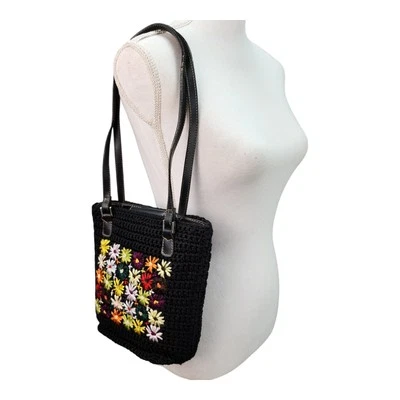 VTG Liz Claiborne Purse Crochet Knit Embroidered Floral Bag Snap Cottage Core - Image 1 of 4