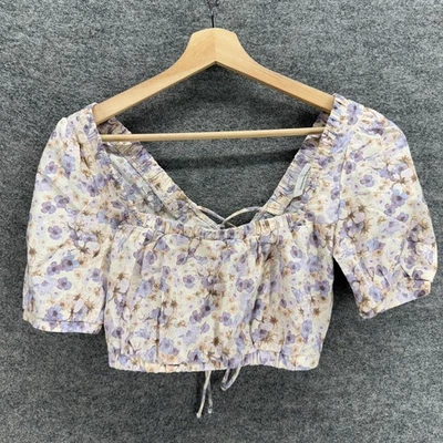 H&M Cropped Top Women XS White Floral Square Neck Short Sleeve Linen Casual - Image 1 of 4
