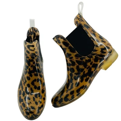 J. Botas al tobillo Crew negras de goma leopardo para lluvia laterales elásticos para mujer talla 8 Foto 1 de 4