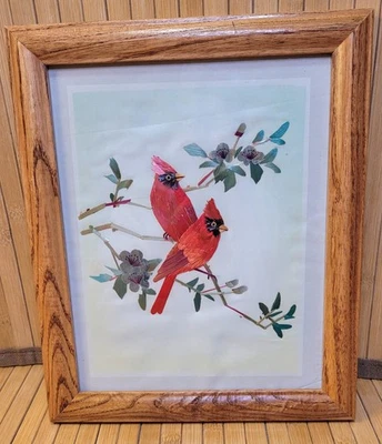 Arte de paja de los cardenales flores de manzano enmarcado medios mixtos obra de arte popular Foto 1 de 4