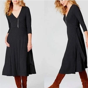 J Jill Ribbed Knit Wrap Dress Size L Charcoal Gray 3/4 Sleeve Midi V-Neck - Picture 1 of 16