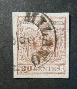 ITALIA ,ITALY 1850 Lombardo Veneto "STEMMA Austro-Ungarico" 30c. bruno USED - Imagen 1 de 1