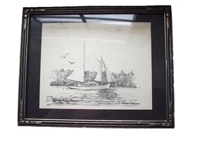 Anatole Mickle Lápiz Dibujo Velero Vela Bruce River Firmado De Colección 9.75"x10" - Imagen 1 de 8