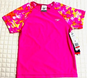 Speedo Girl's XS 5-6 UV Swim Shirt Short Sleeve Rash-guard, PINK Splash NEW - Picture 1 of 7