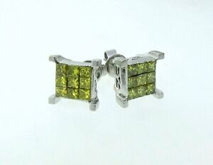14k White Gold Yellow Diamond Invisible Set Men's Earrings **1.00CTW ONLY $490**