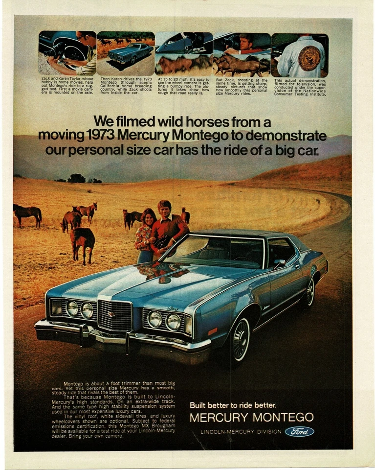 1973 Mercúrio Montego Azul 2 Portas Coupe Pradaria Cavalos Selvagens Estampa Vintage Anúncio - Imagem 1 de 1