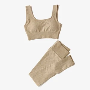 Yoga Set Ribbed Seamless Workout Gym Crop Top High Waist Leggings Fitness Set, M - Picture 1 of 6