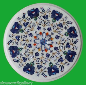 12" Round Marble Side Table Top Lapis Inlay Handmade Work For Home Decor - Picture 1 of 4