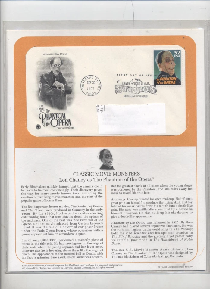 PHANTOM of the OPERA  First Day Of Issue  SEPT 30 1997 UNIVERSAL STUDIOS  - Image 1 of 1