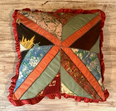 Vintage Handmade Crazy Quilt Pillow Red Satin Back Ruffle Edge 16 x 16 - Image 1 of 4