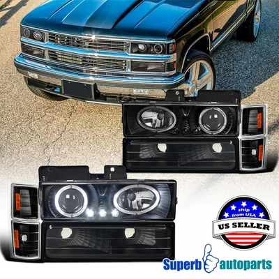 Fits 1994-1998 GMC C/K 1500 2500 C10 Truck Black LED Halo Projector Headlights - Imagem 1 de 4