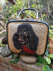 Mid Cent Faye Mell Beaded Needlepoint Wicker  Poodle Handbag Fleurette Inc Miami - Picture 1 of 14