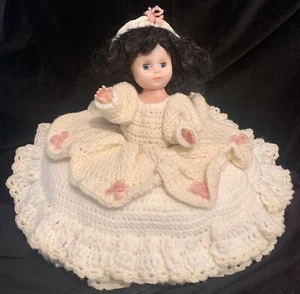 Lg Vtg Handcrafted Pillow Doll White Crotcheted Skirt Pink Bows Movable Eyelids - Picture 1 of 11