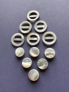 Tiny Doll-Size Antique Vintage Mother of Pearl Slides/Buckles & Shank Buttons - Picture 1 of 2