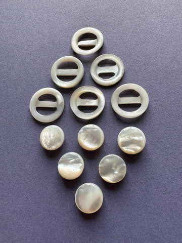 Tiny Doll-Size Antique Vintage Mother of Pearl Slides/Buckles & Shank Buttons Cover