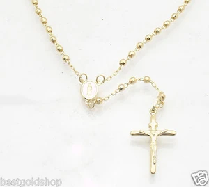 3mm 17" Diamond Cut Medallion Cross Rosary Chain Necklace Real 10K Yellow Gold - Picture 1 of 6