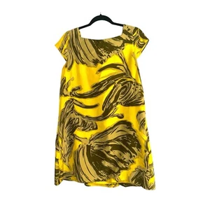 Milly Gold Floral Kayla Foglia Print Cap Sleeve Pullover Silk Shift Dress Sz 10 - Picture 1 of 12