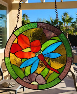 Stained Glass Suncatcher Dragonfly With Raised Eyes And Flowers 12" Round