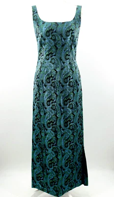 Maxi Vestido De Colección Para Mujer Años 60 Azul, Verde y Negro Brocado Metálico Talla M Años 60 Vestido Foto 1 de 4