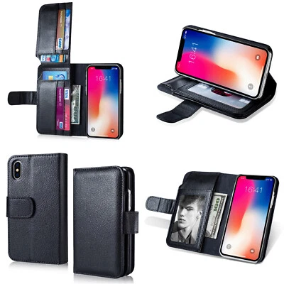 New 7 Card Holder Flip Wallet Leather Case Cover For Apple iPhone and Samsung - Image 1 of 4