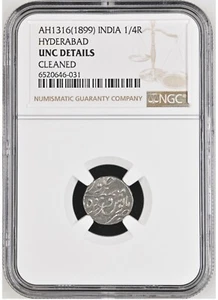 INDIA HYDERABAD 1/4 Rupee 1899, NGC UNC Details (Cleaned), Scarce Coin. S3 - Picture 1 of 2