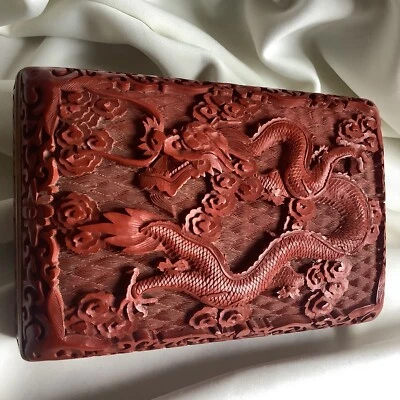 Chinese Dragon Beast Antique Handmade Cinnabar Lacquer Bronze Vase Box Red Fire - Image 1 of 4
