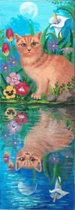 DOBLE LONGITUD ACEO IMPRESIÓN DE PINTURA ATIGRADO GATO RYTA ESTANQUE FLORES LUNA - Imagen 1 de 1