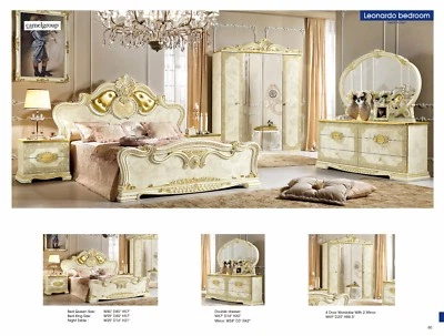 ESF Leonardo Gold Ivory Lacquer Finish King Bedroom Set made in Italy 6 Pieces - Image 1 of 4